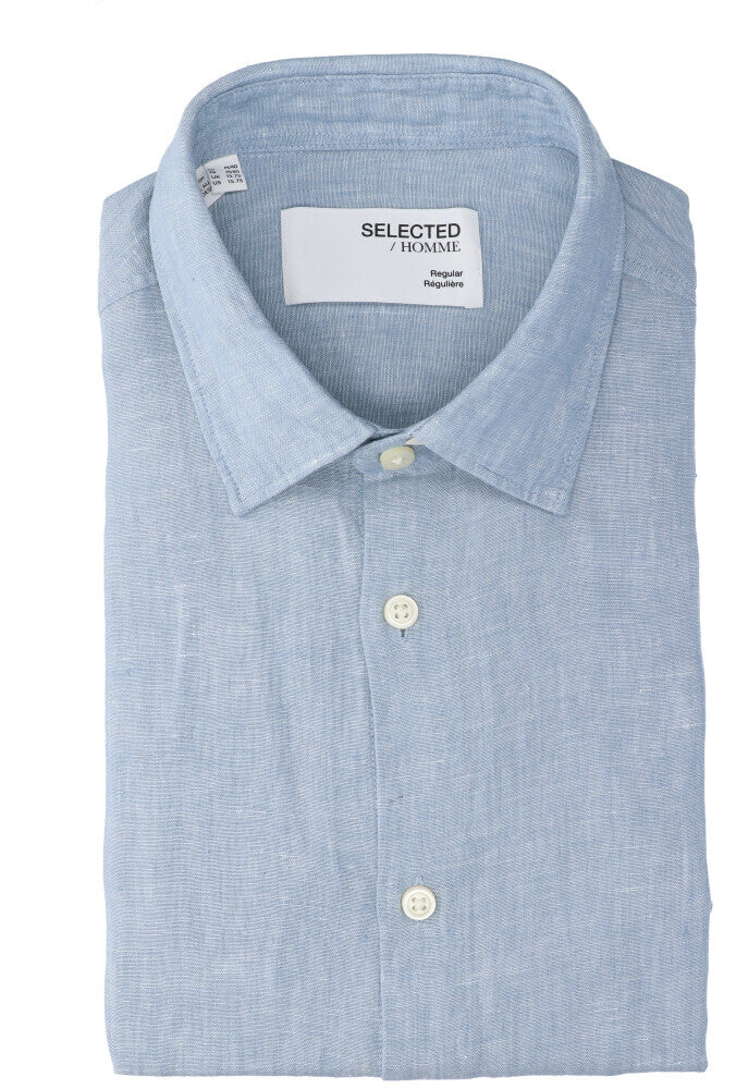 Blue fog/white hemd in linnen (regular fit) met lange mouwen Selected