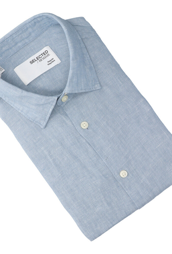 Blue fog/white hemd in linnen (regular fit) met lange mouwen Selected