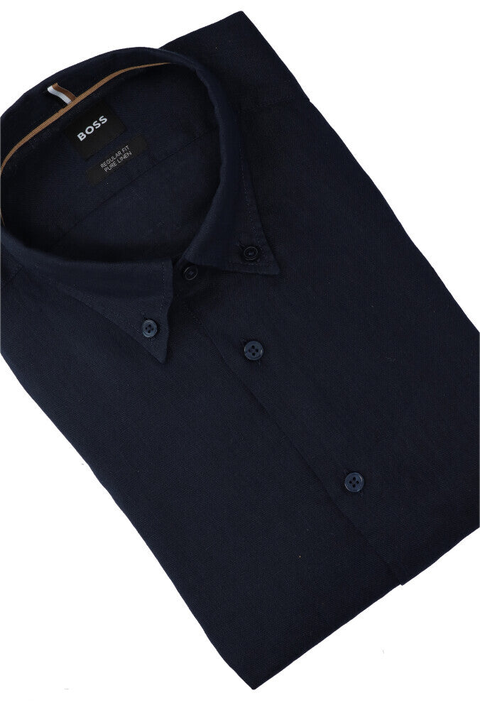 Chemise en lin bleu foncé (coupe classique) à manches longues Hugo Boss