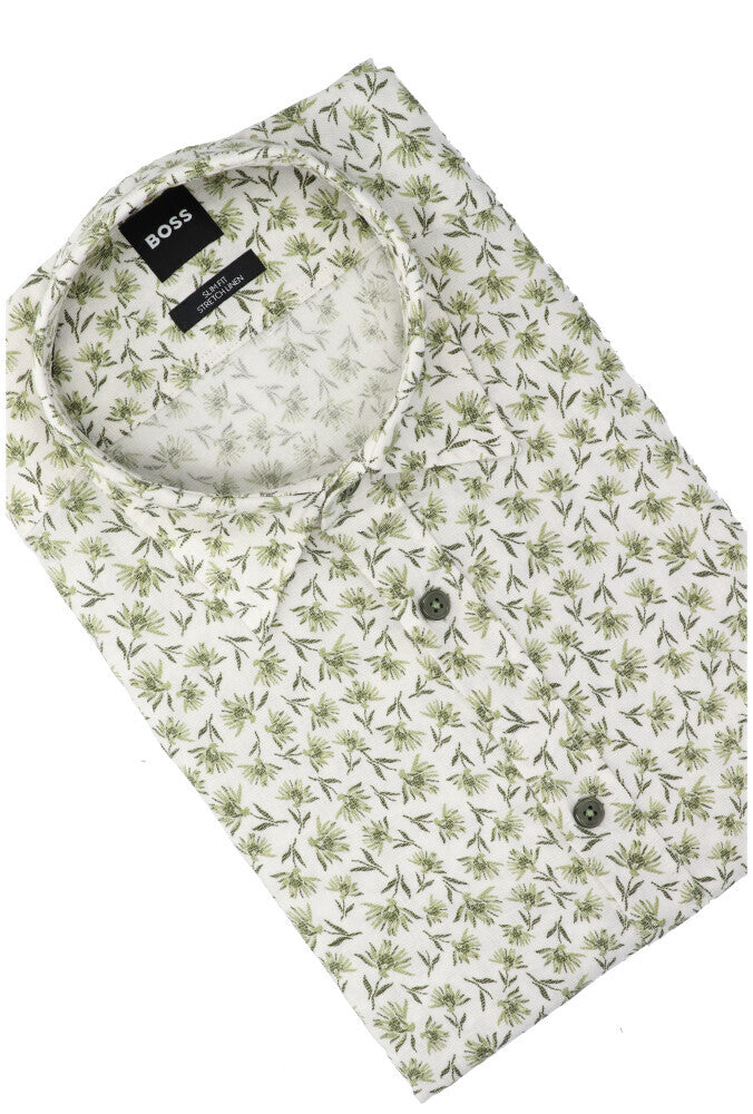 Chemise en lin vert moyen (coupe ajustée) imprimée à manches longues Hugo Boss