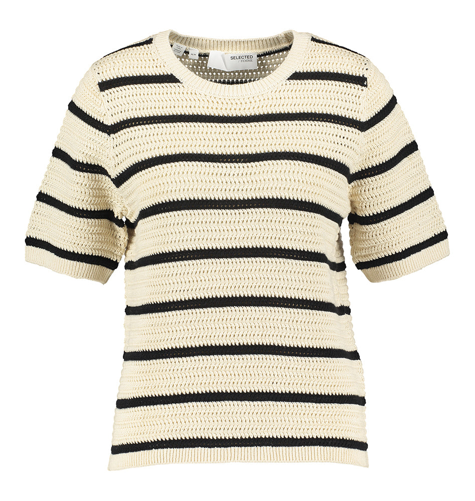 Pull en coton rayé beige et noir, manches courtes et col rond. Sélectionné