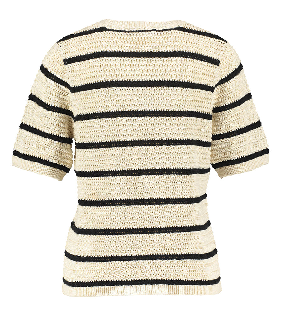 Beige en zwart gestreepte katoenen pull met korte mouwen en ronde hals Selected
