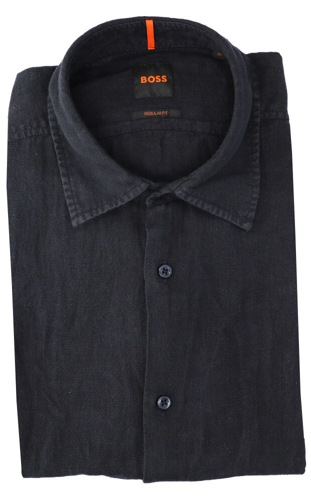 Zwart linnen hemd (regular fit) met korte mouwen Hugo Boss