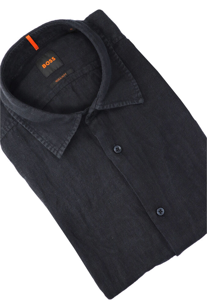 Zwart linnen hemd (regular fit) met korte mouwen Hugo Boss