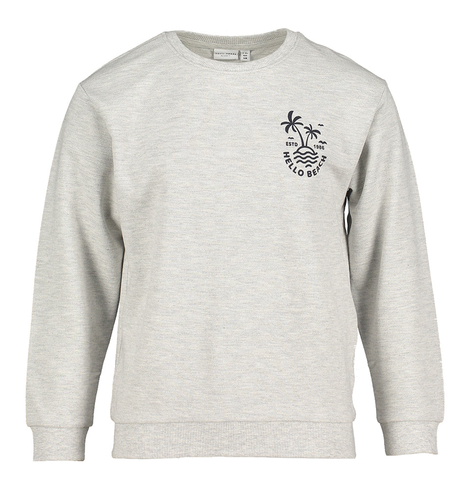 Pull en coton gris clair à col rond. Nomme-le.