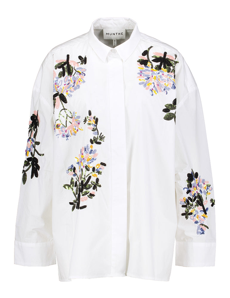 Witte katoenen blouse met print in multicolor kralen Singus Munthe