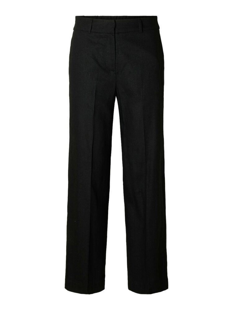 Zwarte linnen wijde broek met bandplooi Selected