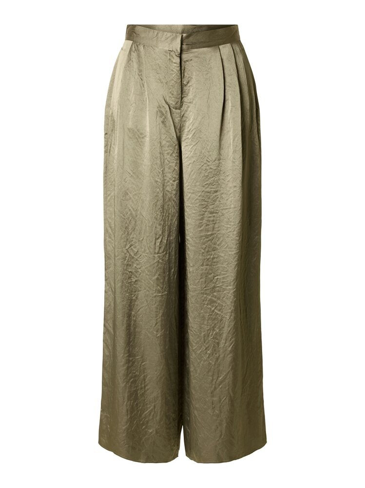 Kaki glanzende wijde broek met bandplooi Selected
