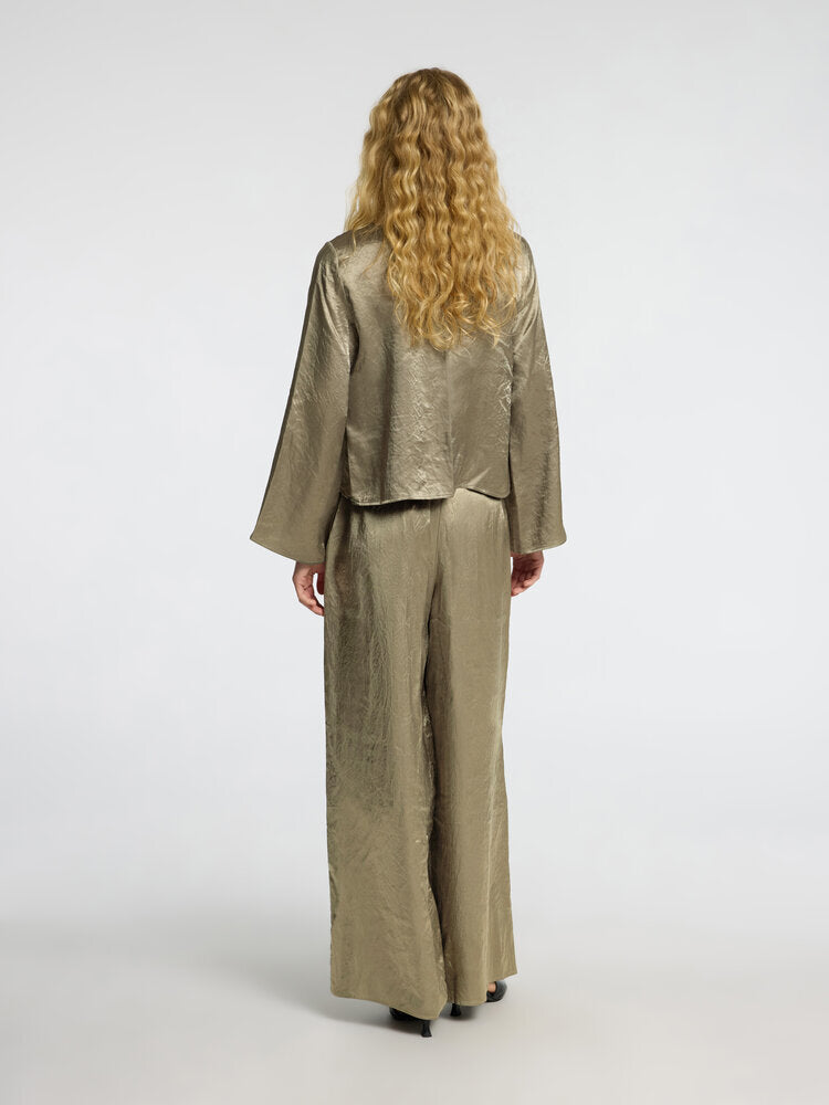 Kaki glanzende wijde broek met bandplooi Selected