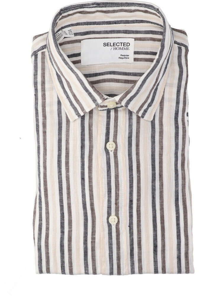 Chemise en lin blanc éclatant (coupe classique) à manches longues et rayures multicolores. Sélectionnée