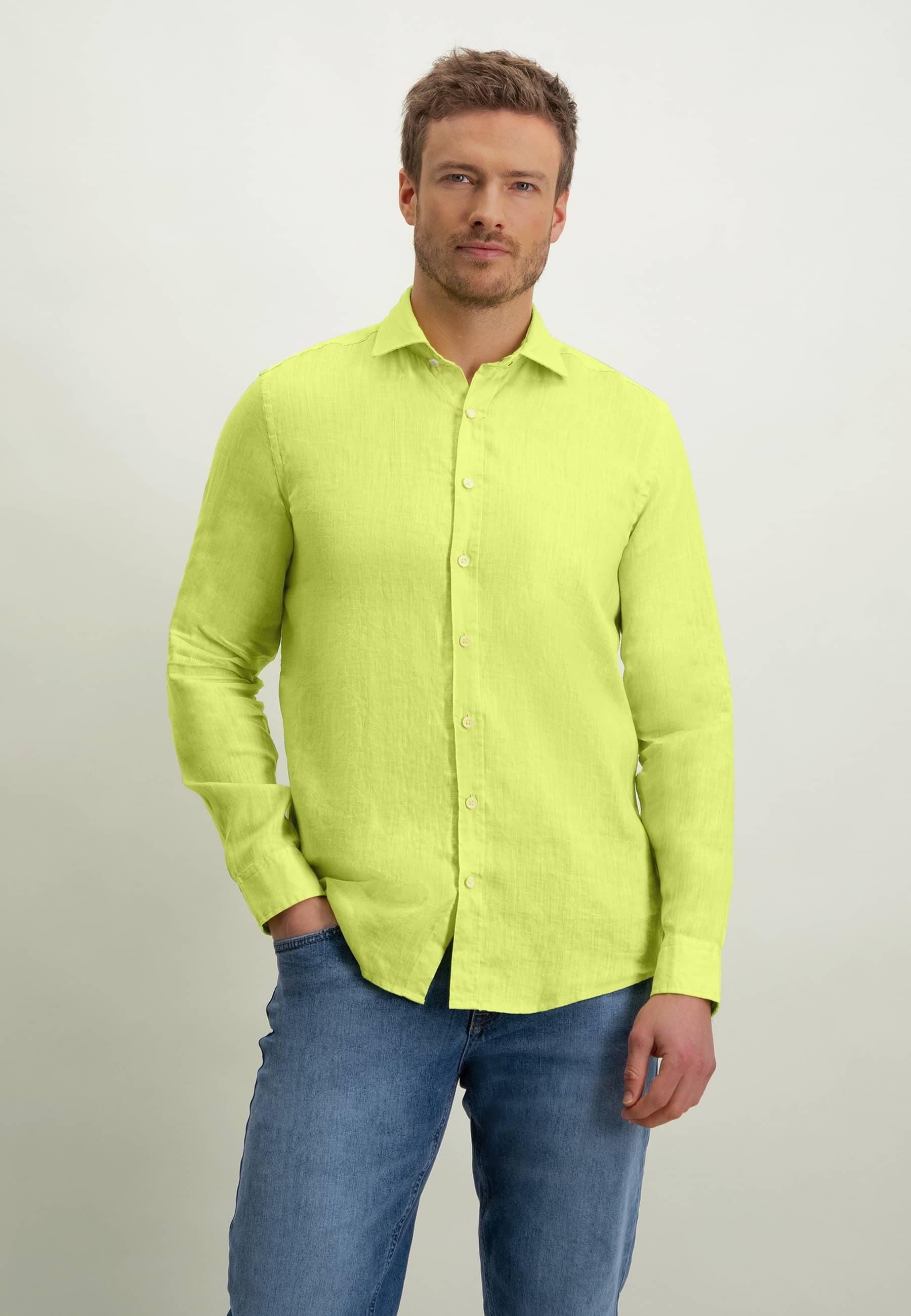 Limoengroen linnen hemd (regular fit) met lange mouwen State of Art