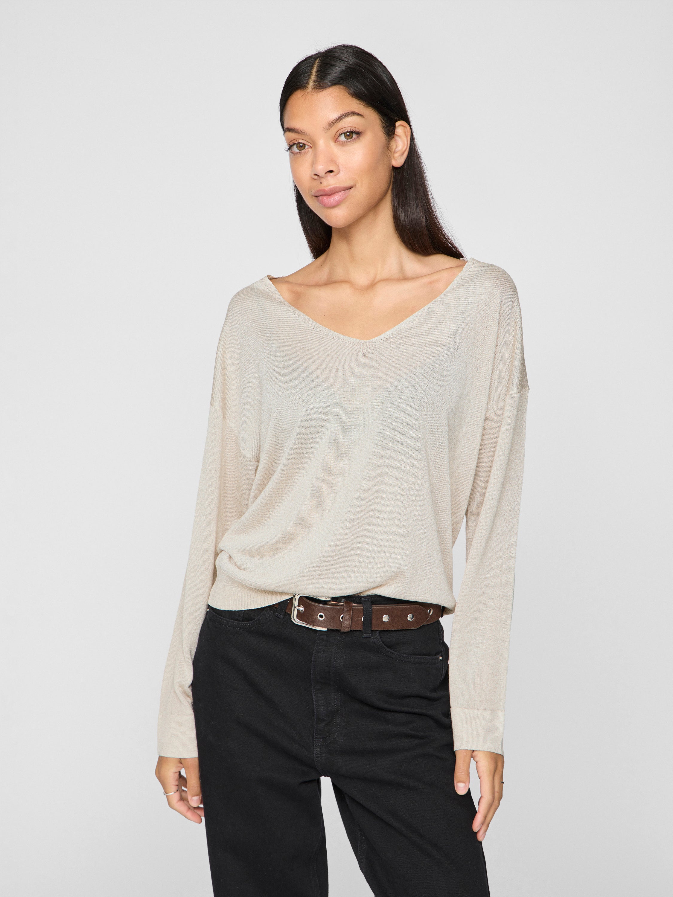 Pull beige clair à col en V Vinovy Villa