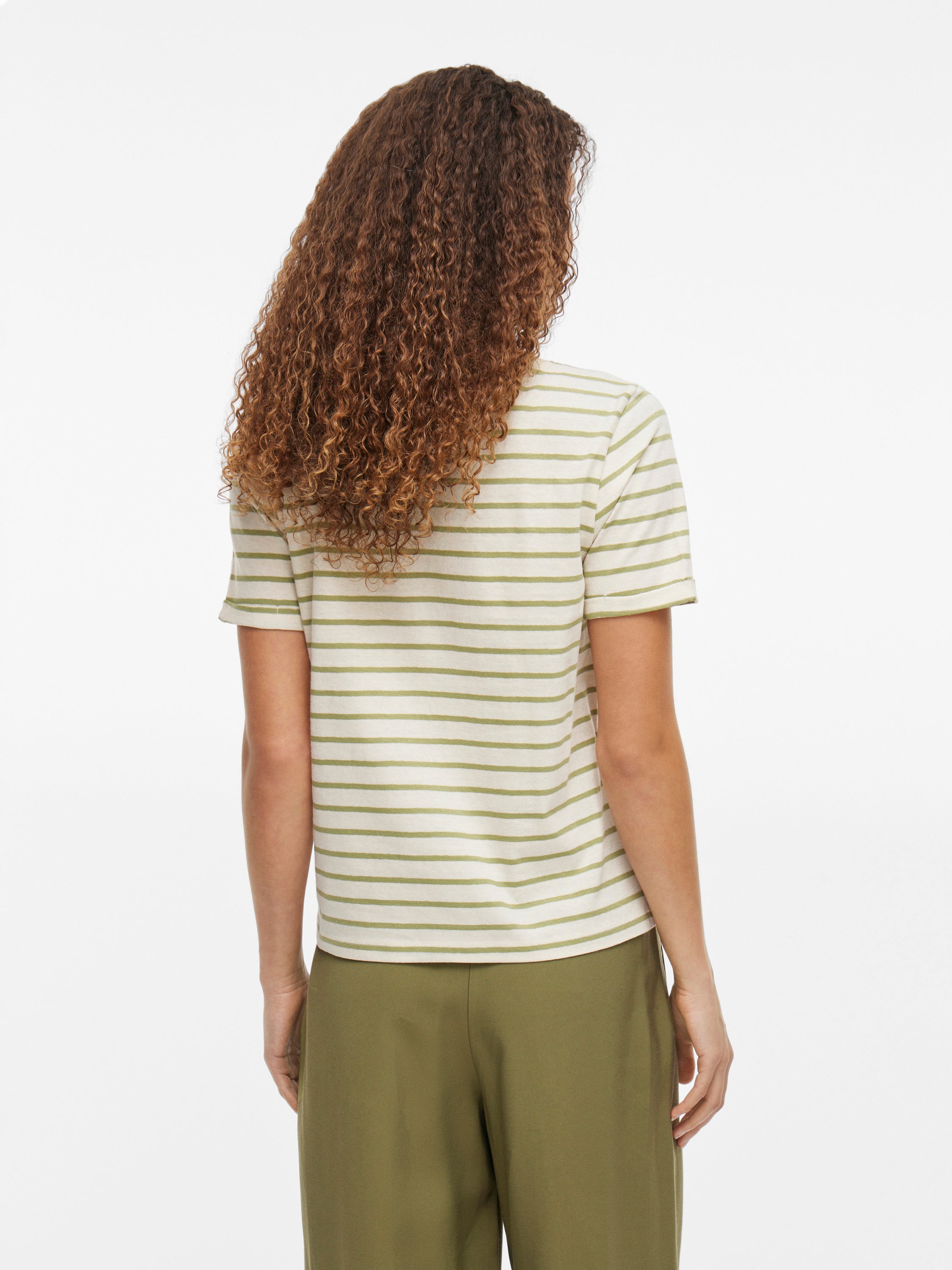 Birch/ sage t-shirt met v-hals en strepen Vila