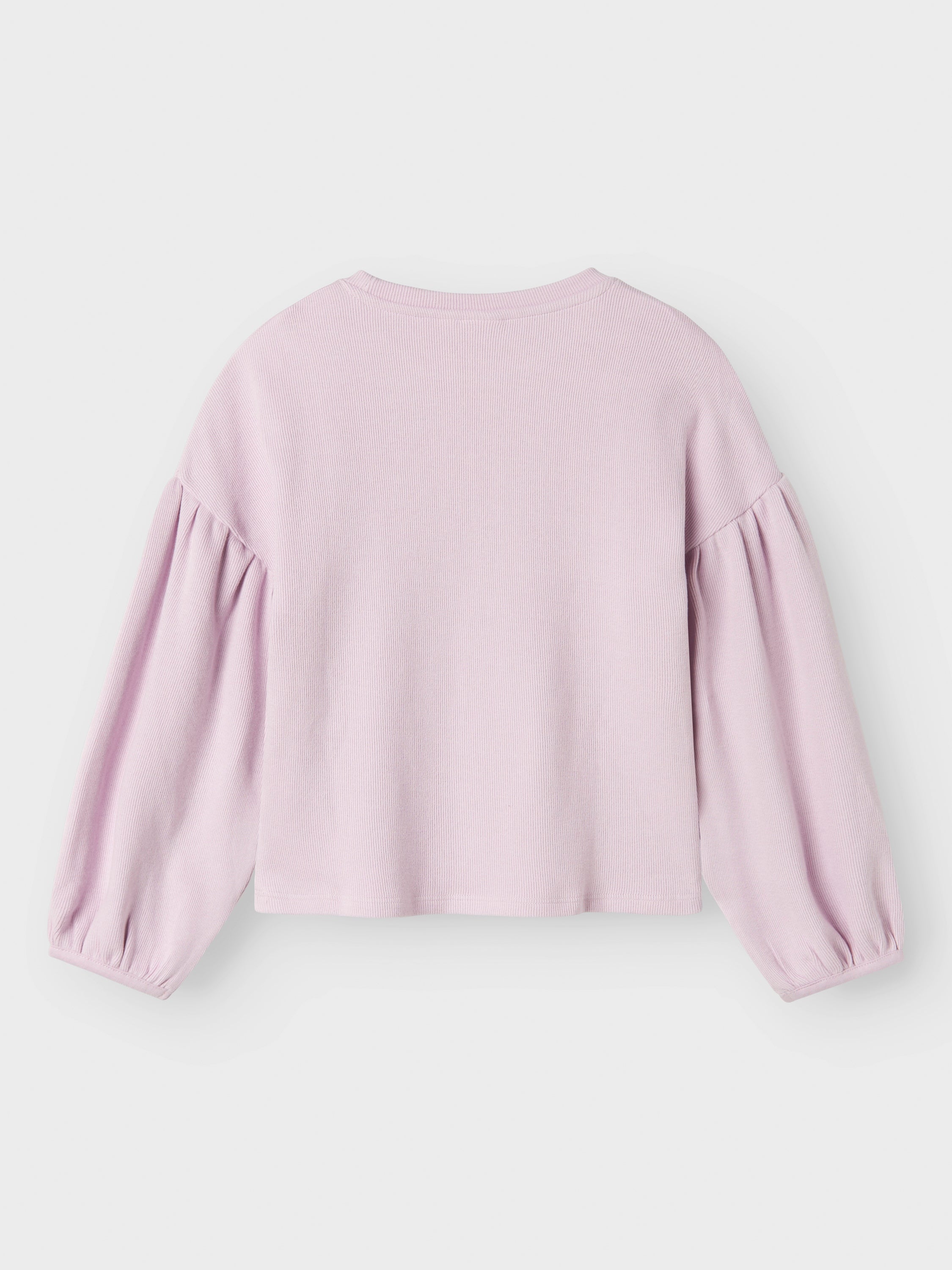 T-shirt rose en tissu côtelé à manches bouffantes. Nomme-le