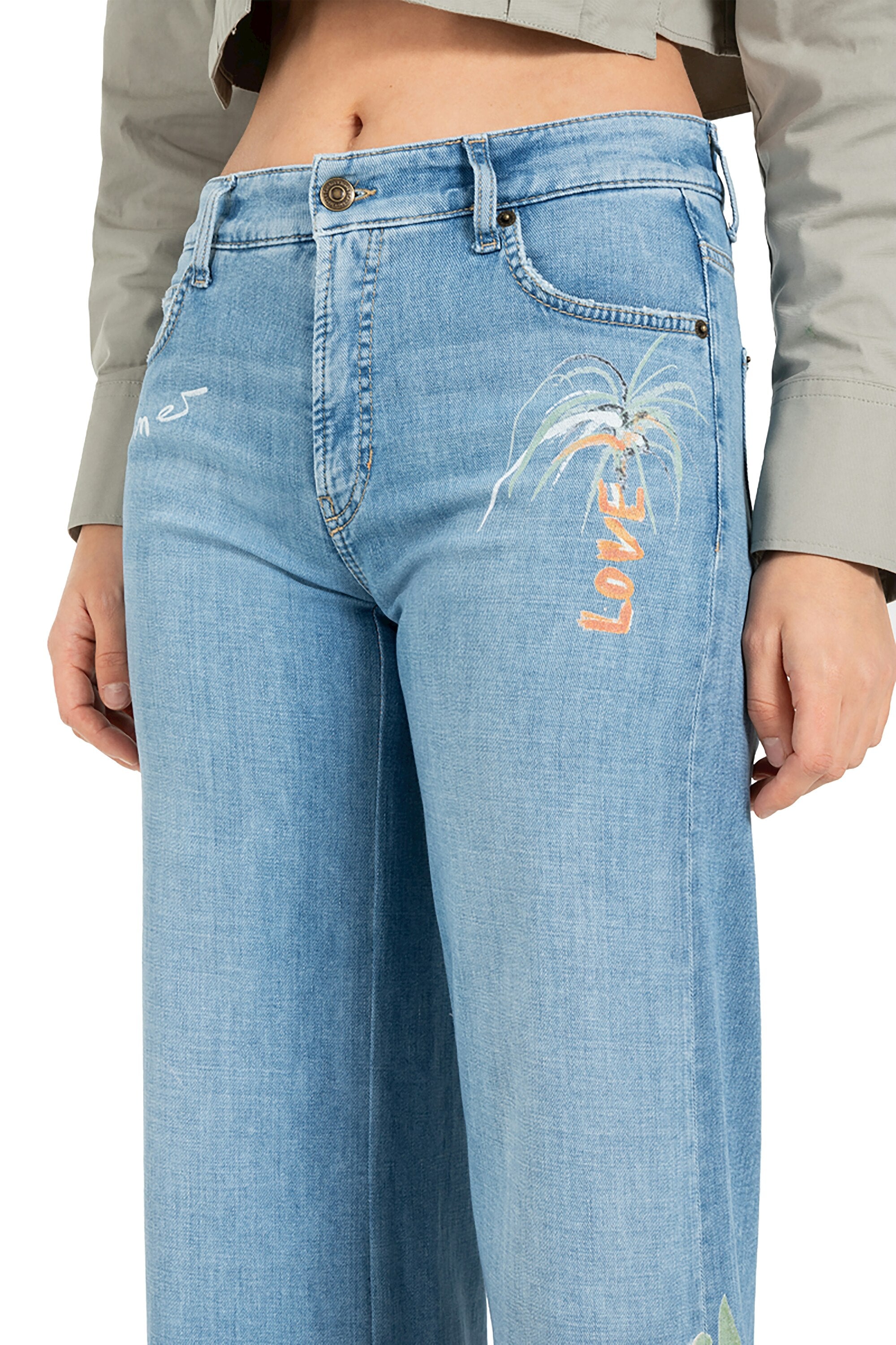 Jean court bleu clair ample avec détails multicolores Palazzo Cropped Cambio