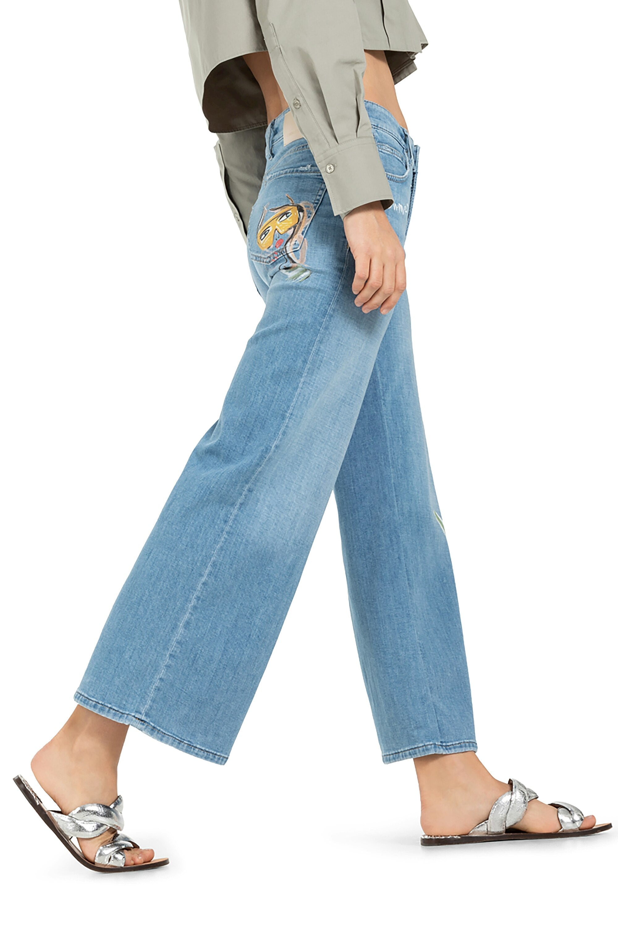 Jean court bleu clair ample avec détails multicolores Palazzo Cropped Cambio