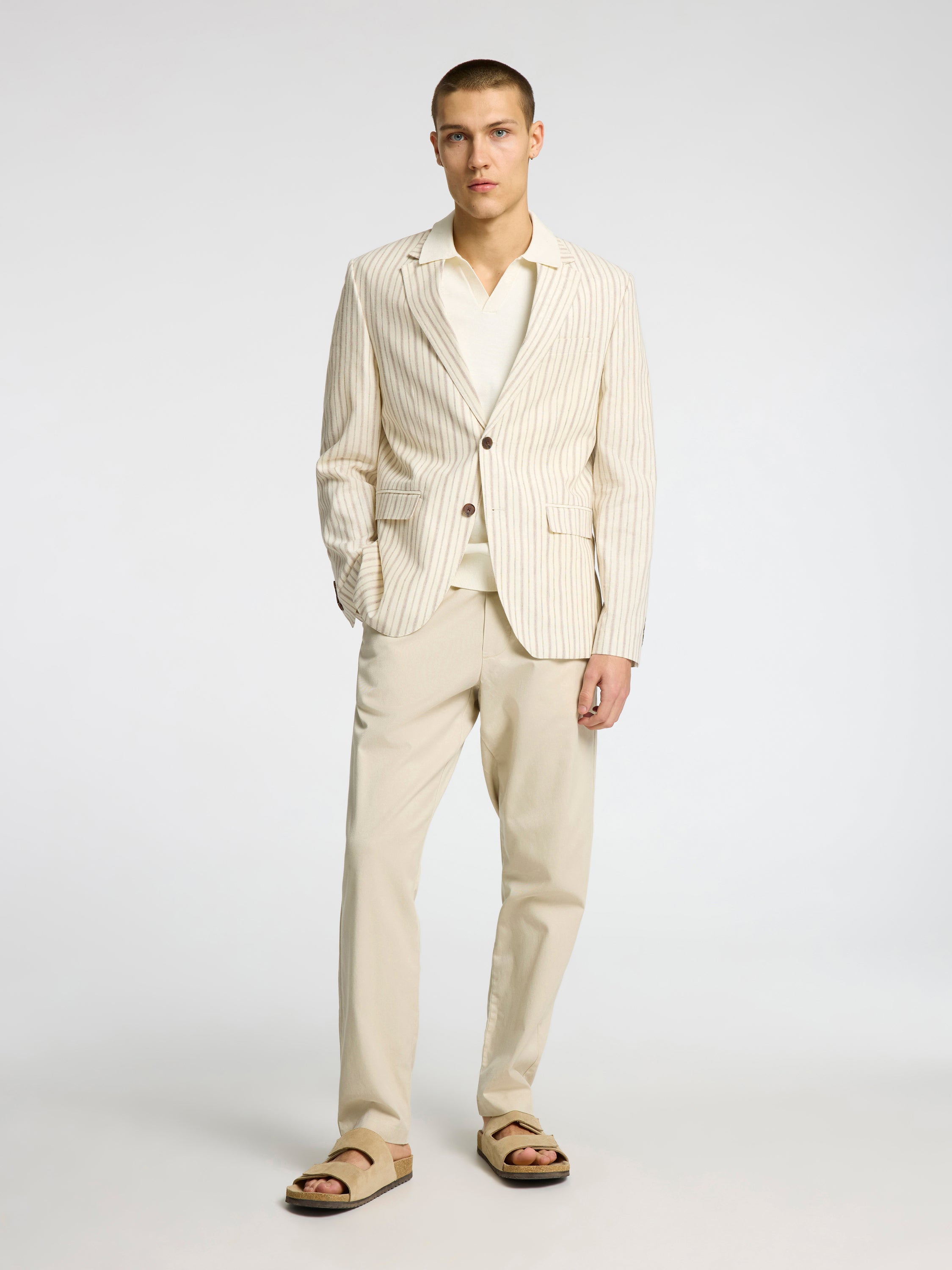Beige gestreepte linnen blazer Henley Selected