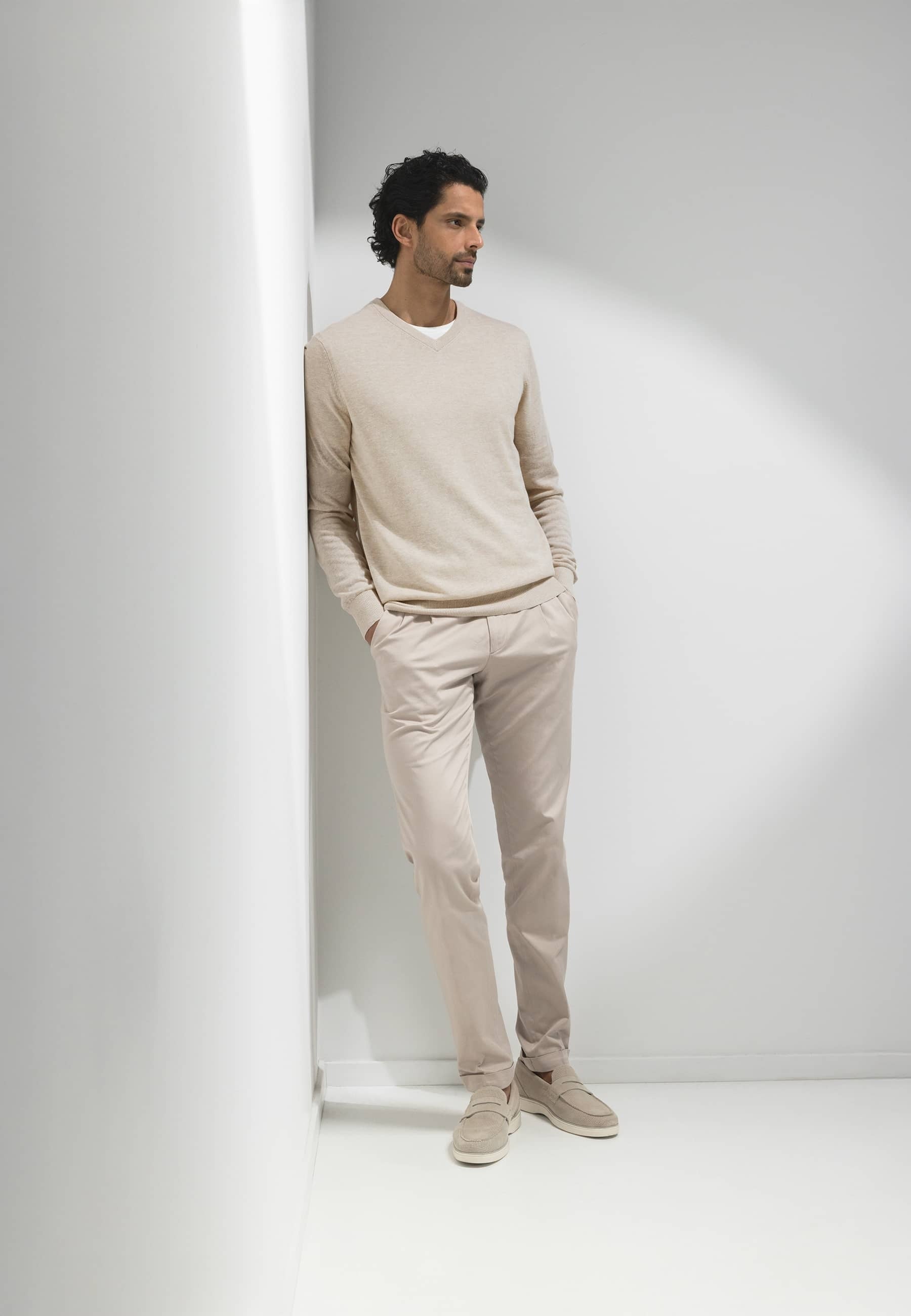 Pull en lin beige à col rond et manches longues State of Art