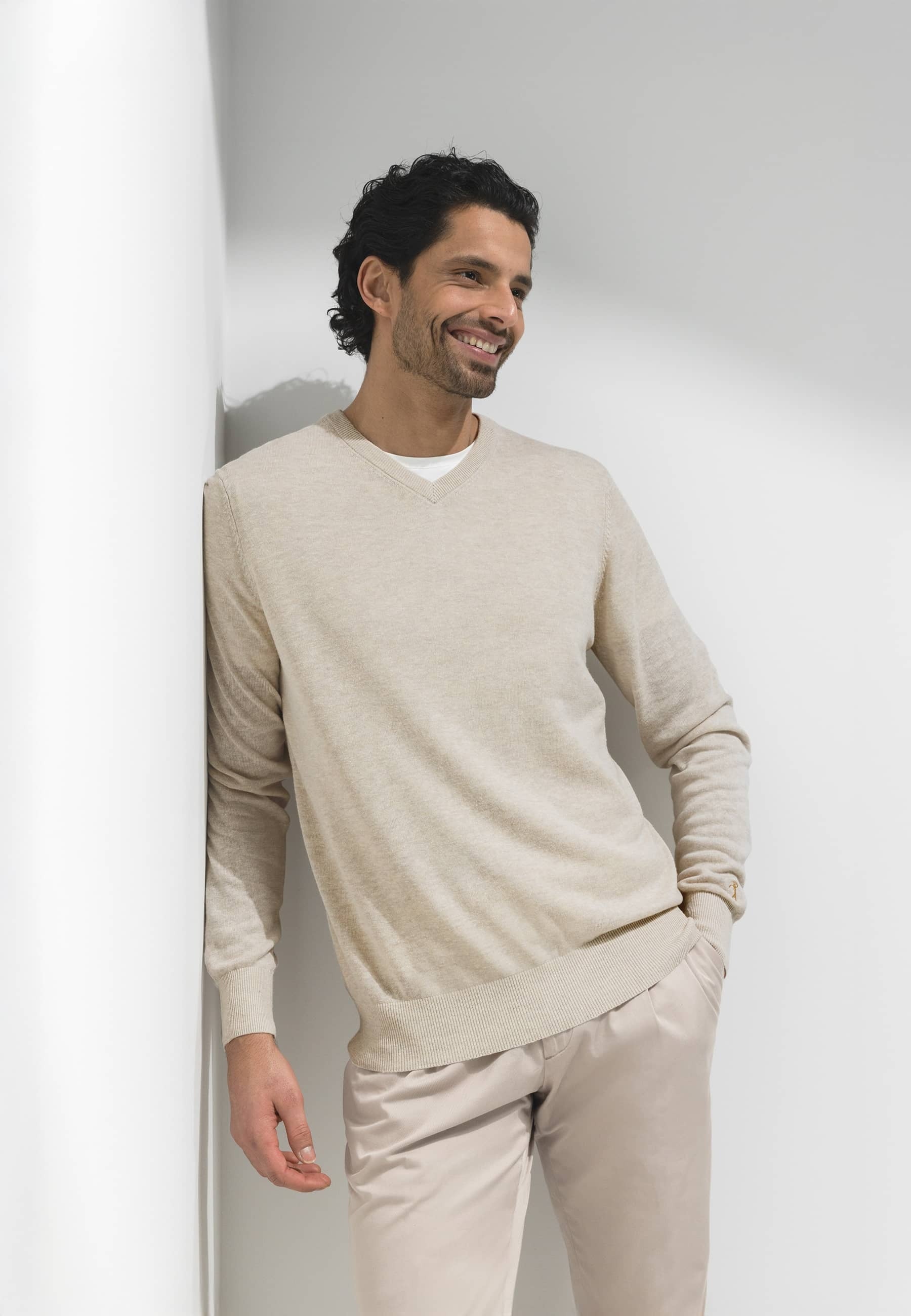 Pull en lin beige à col rond et manches longues State of Art