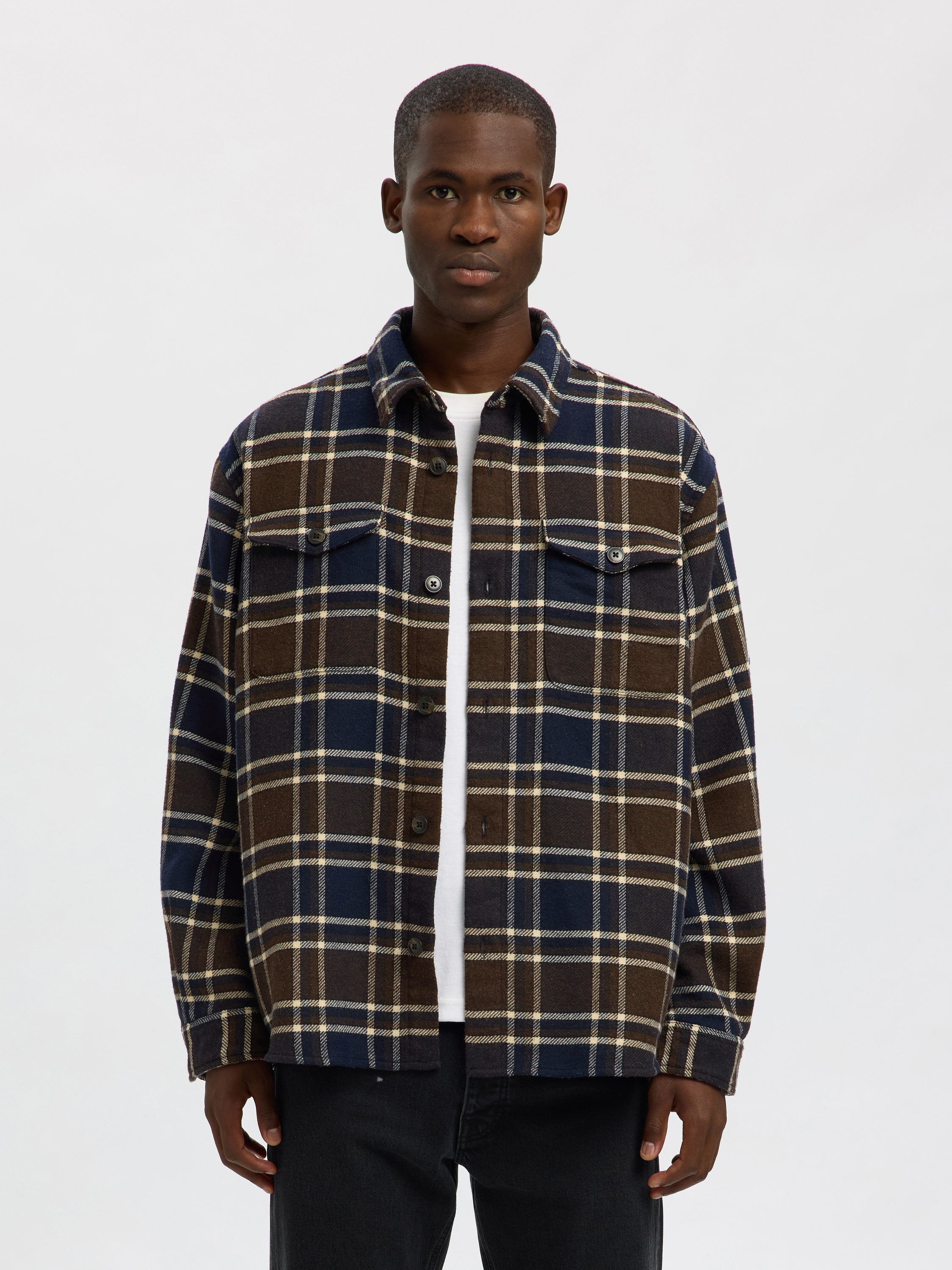 Bruin en blauw overhemd met ruit motief Selected