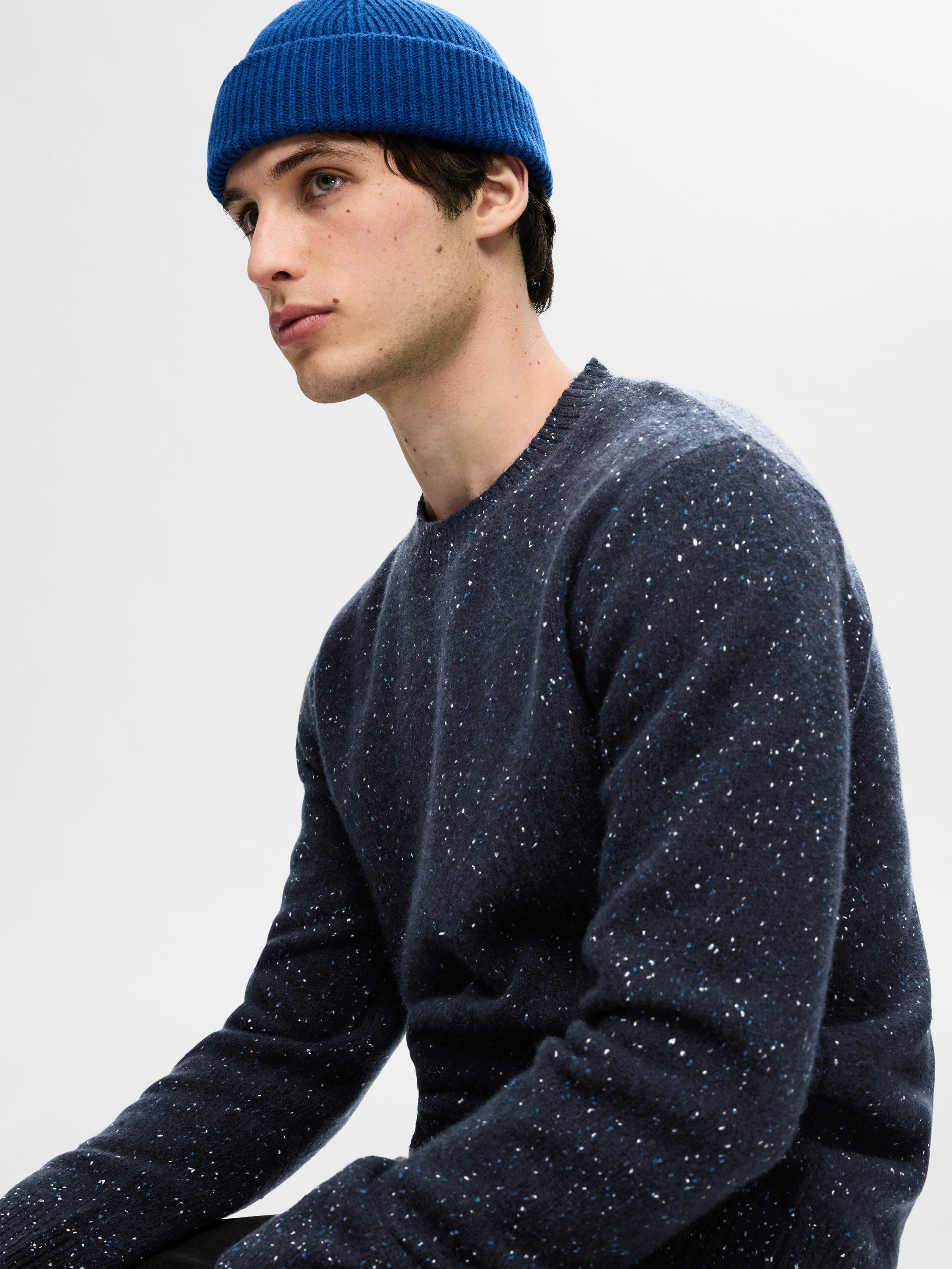 Blauwe wollen pull met ronde hals Selected