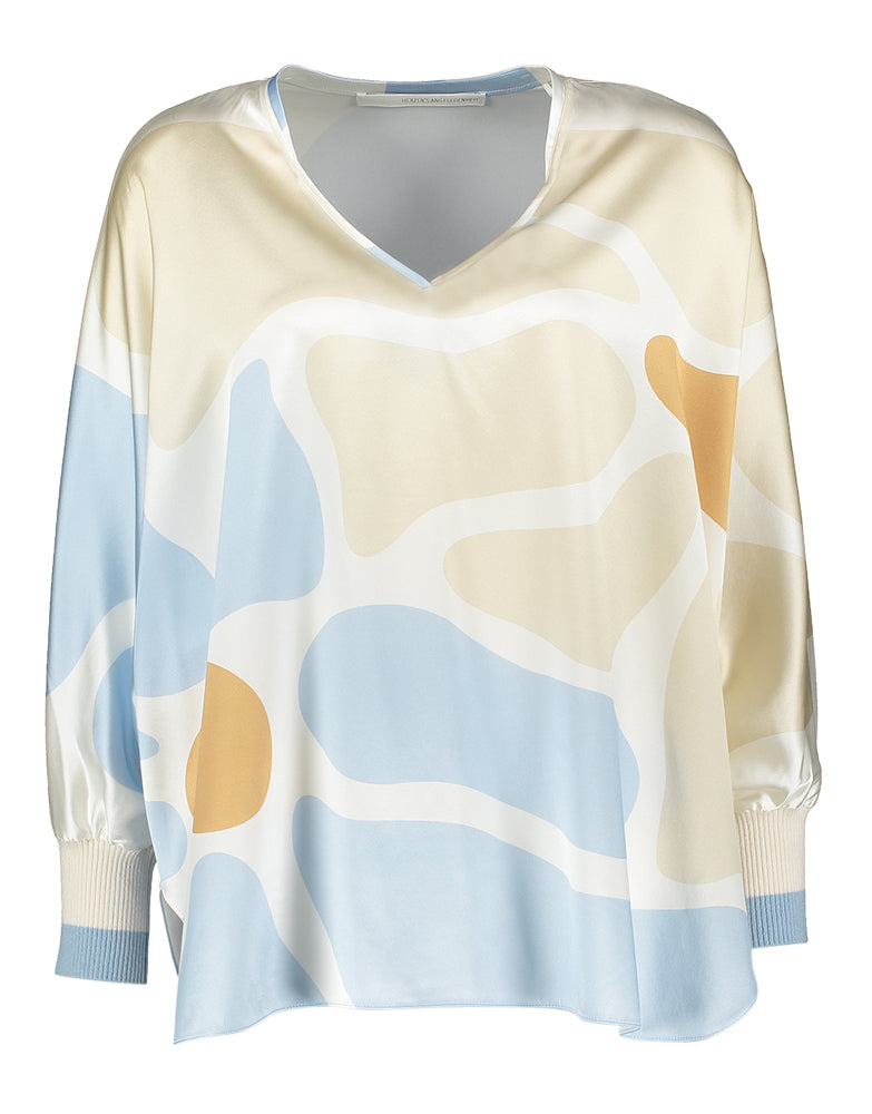 Chemisier blanc à cercles bleu clair, beige et marron clair Herzen's