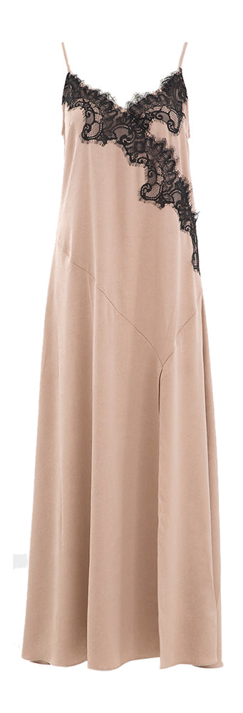 Robe longue taupe en satin avec bordure en dentelle noire Ayda Baum Und Pferdgarten