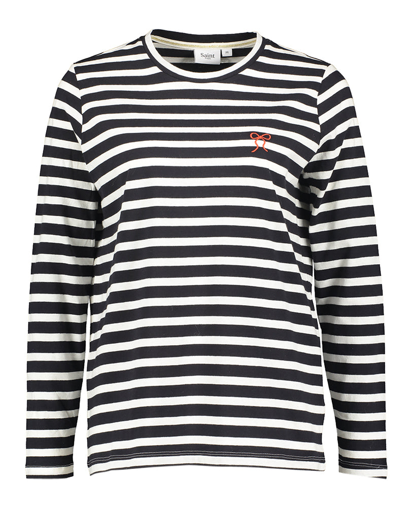 T-shirt rayé noir et blanc avec nœud rouge Saint Tropez