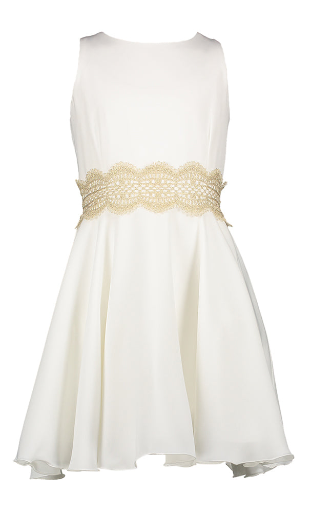 Ecru jurk met goudkleurige tailleband Communie Diamante Blu