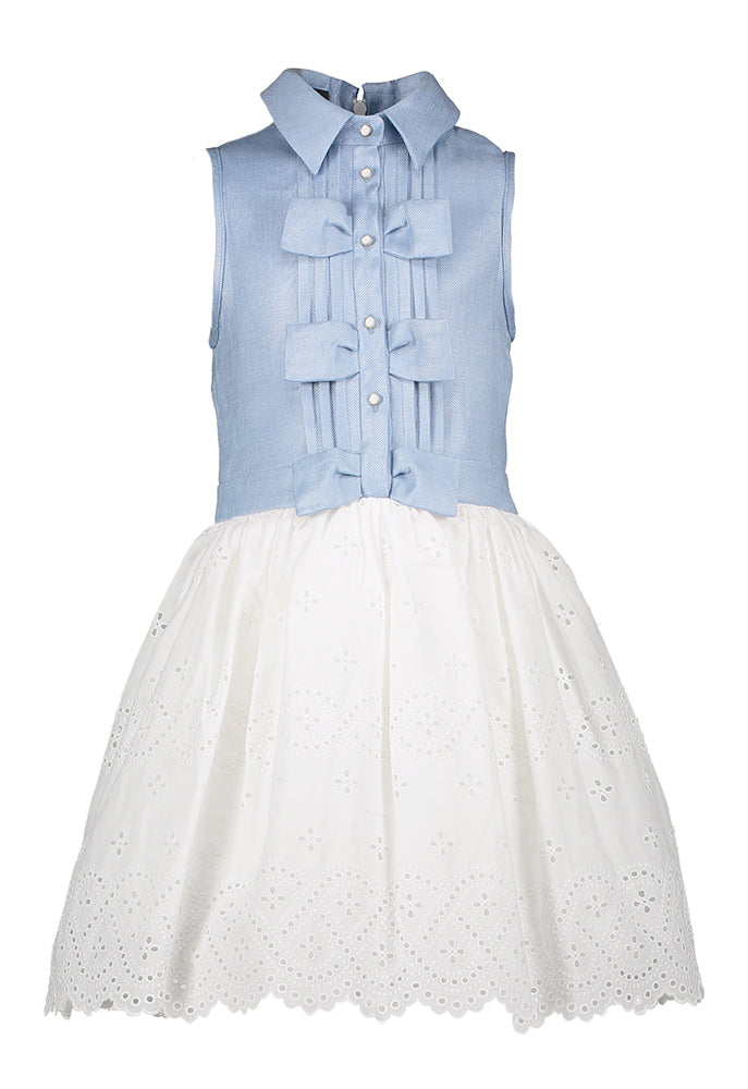 Kleedje met jeanskleurige top en witte rok in broderie Communie Linea Raffaelli