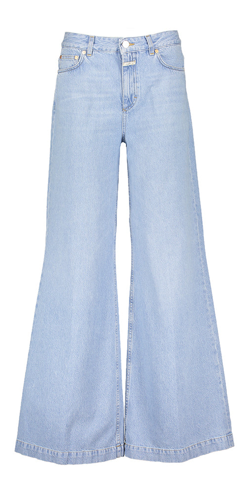 Jean bleu clair coupe large taille haute fermé