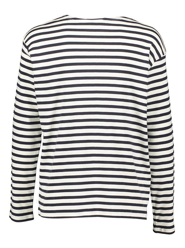 Pull écru à rayures bleu foncé Fermé