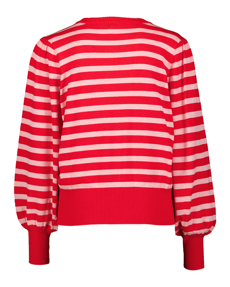 Rode pull met lichtroze strepen en ronde hals Liva Minus