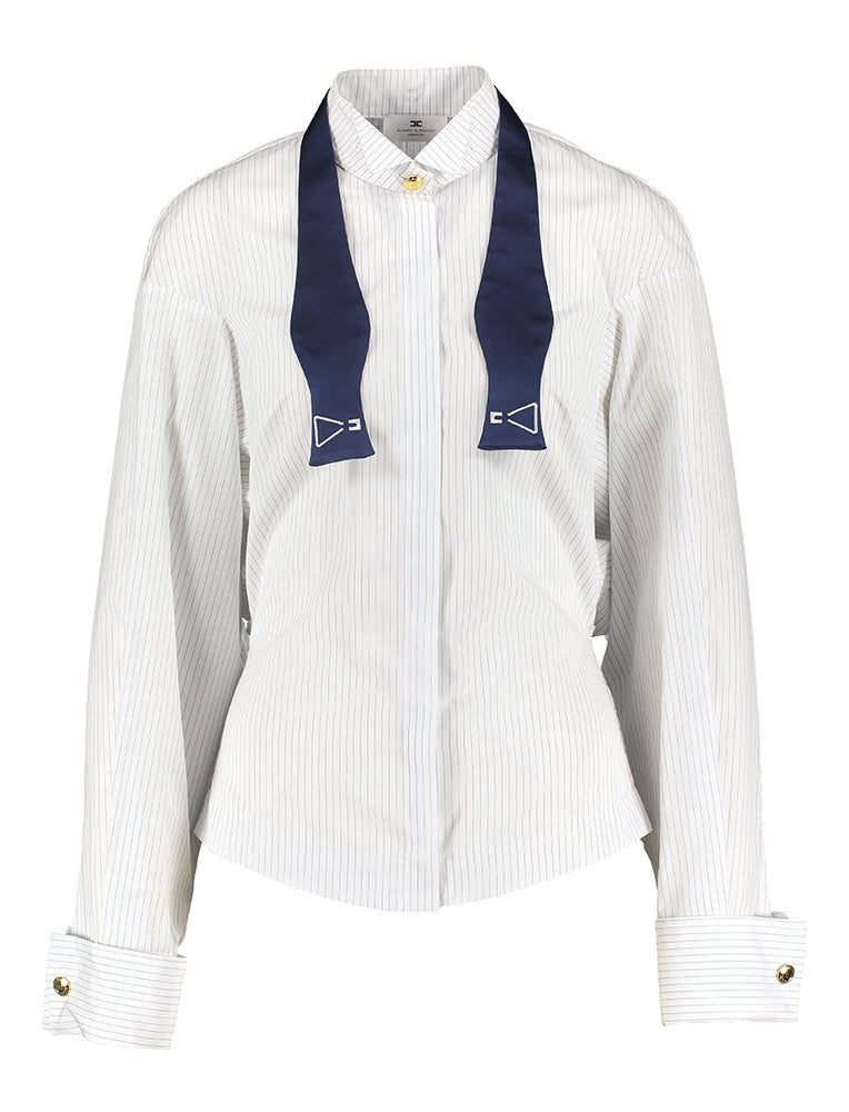 Chemisier blanc rayé en coton avec nœud bleu Elisabetta Franchi