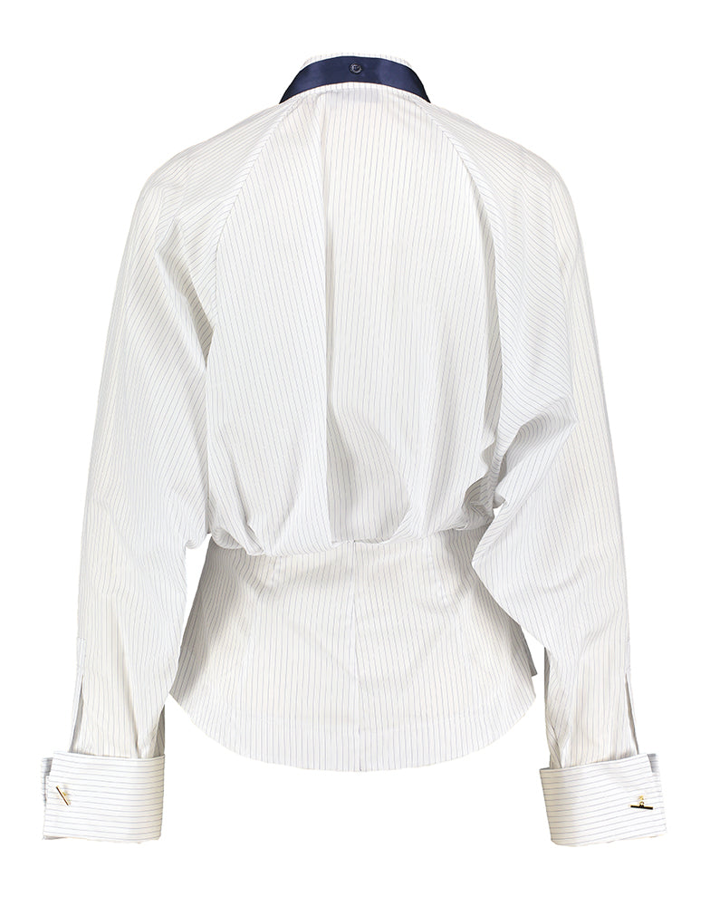 Chemisier blanc rayé en coton avec nœud bleu Elisabetta Franchi