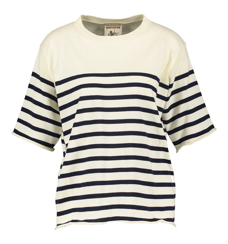 Pull beige à rayures bleues Semi-couture