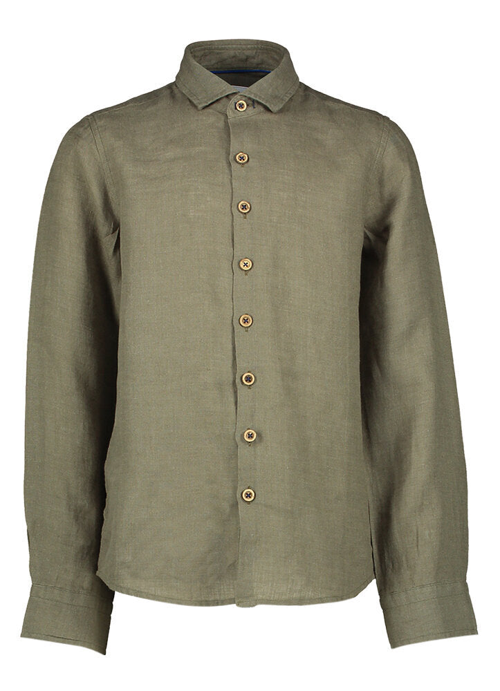 Chemise en lin kaki (coupe ajustée) à manches longues et boutons imitation bois Communion R2