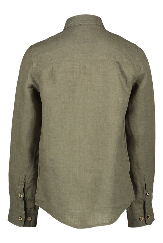 Chemise en lin kaki (coupe ajustée) à manches longues et boutons imitation bois Communion R2