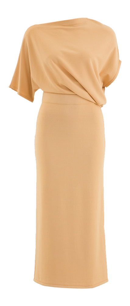 Beige lange comfortabele jurk met oversized bovestuk Liviana Conti