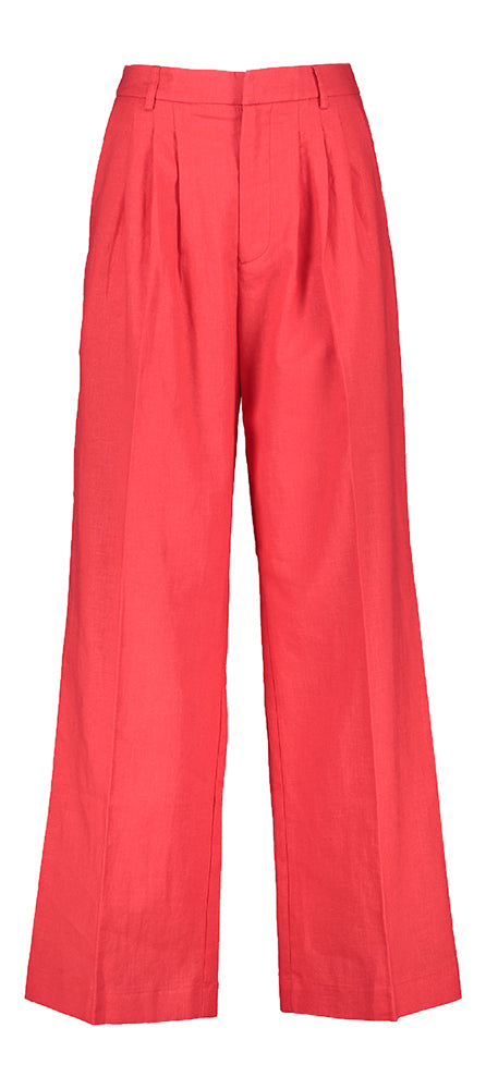 Rode wijde linnen broek met bandplooi Phil Grace & Mila