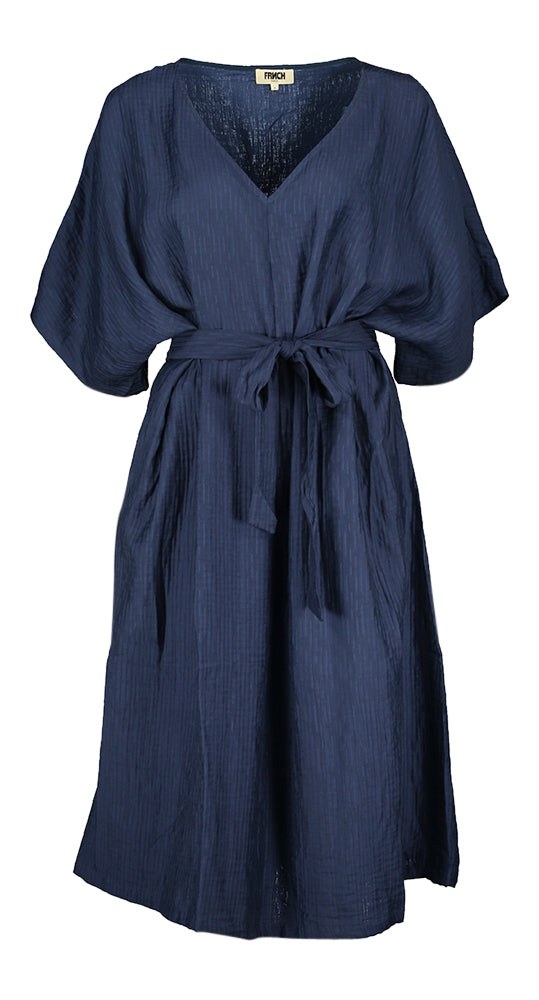 Robe bleu foncé Nickie FRNCH à col en V et manches papillon