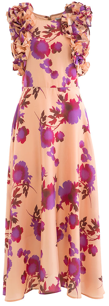 Robe ancienne en soie rose à imprimé floral