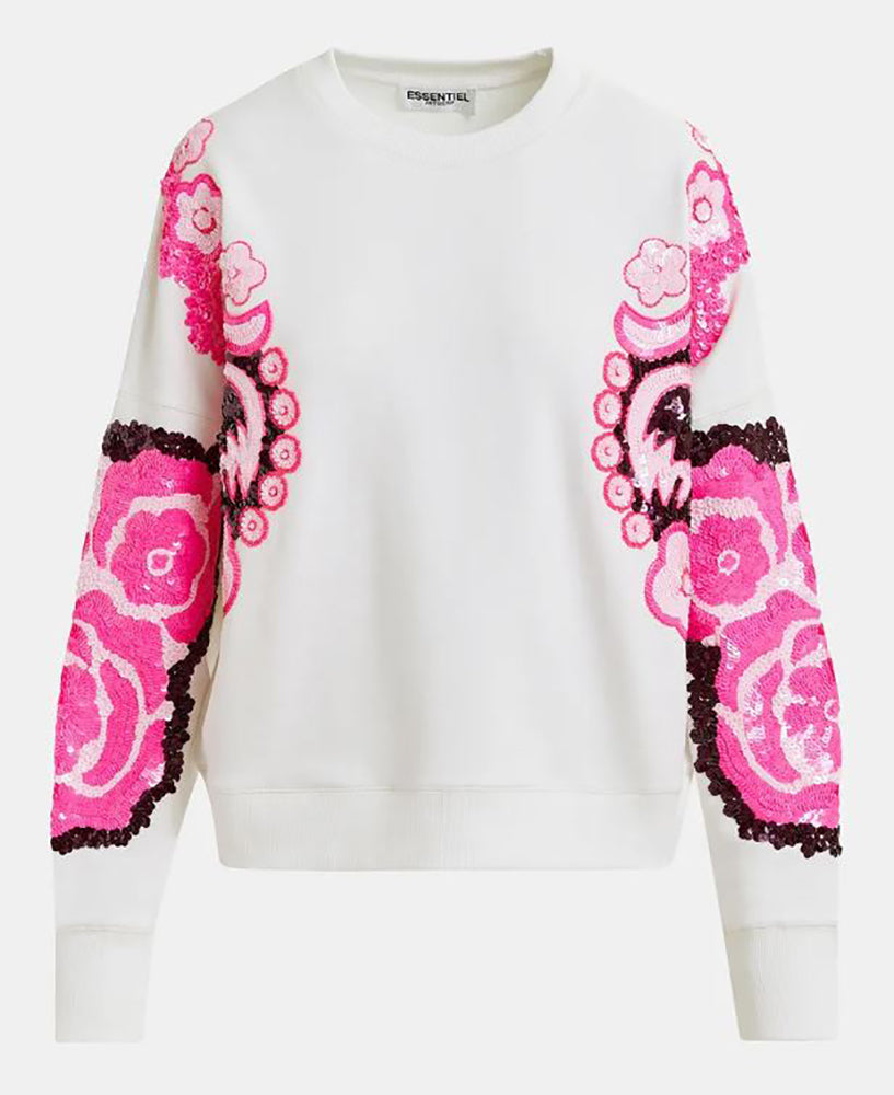 Witte sweater met bloemenprint in pailletten Hecrazy Essentiel