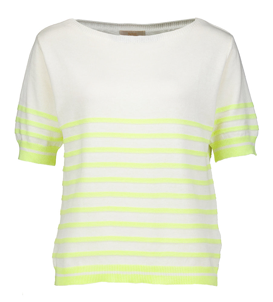 Pull en coton beige à rayures jaunes Signe Nature