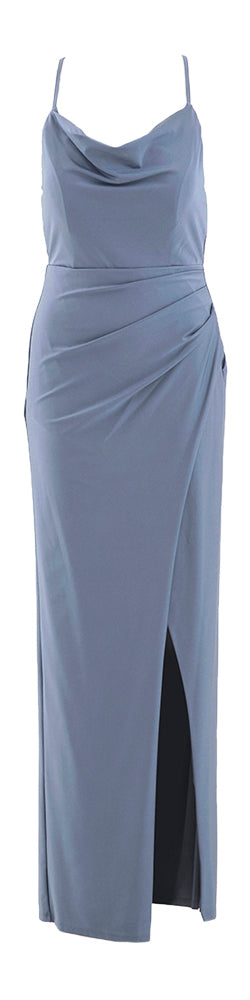 Robe longue bleue de cocktail fendue sur le devant, Vera Mont