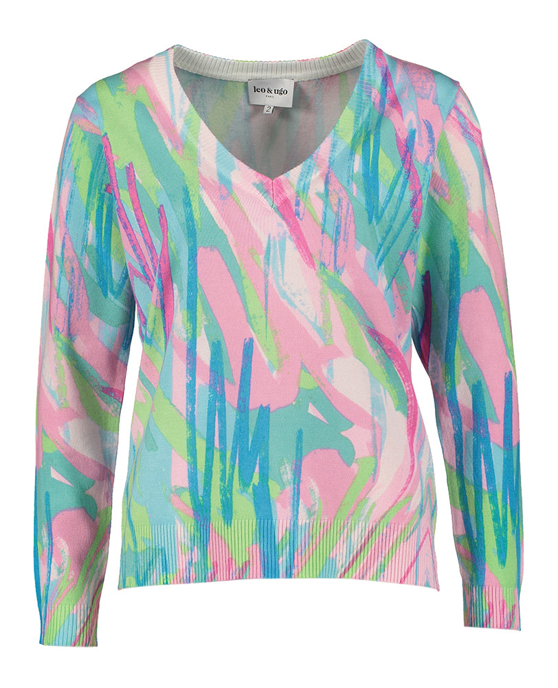 Multicolor pull met V-hals en lange mouwen Leo & Ugo