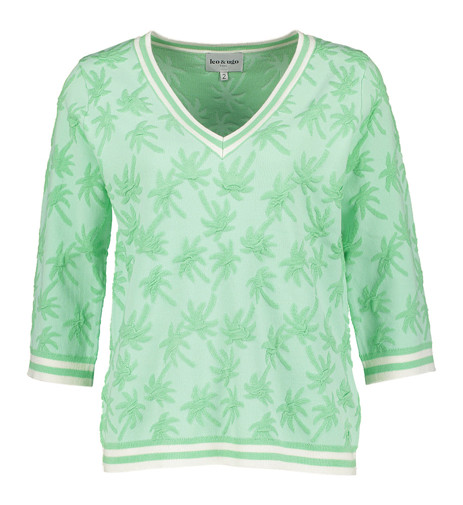 Muntgroene pull met driekwart mouwen in print met V-hals Ae Leo & Ugo