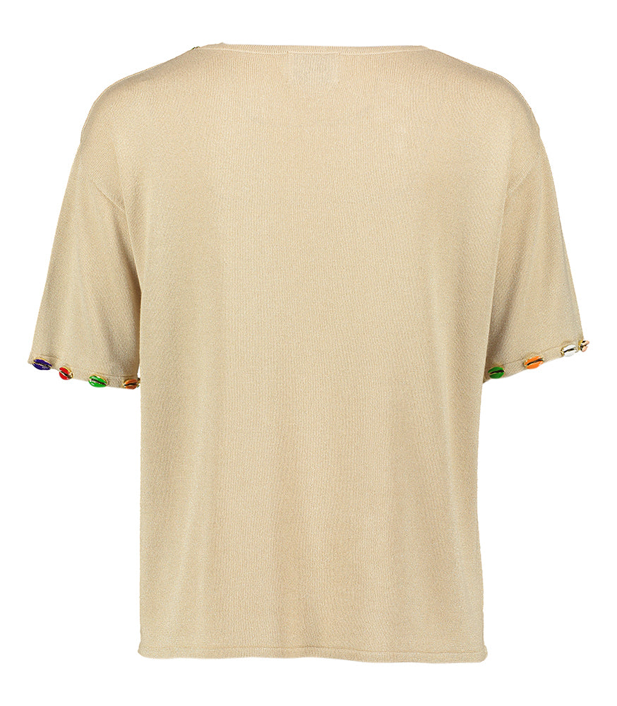 Goudkleurige pull met korte mouwen en ronde hals met gekleurde schelpen Ae Leo & Ugo