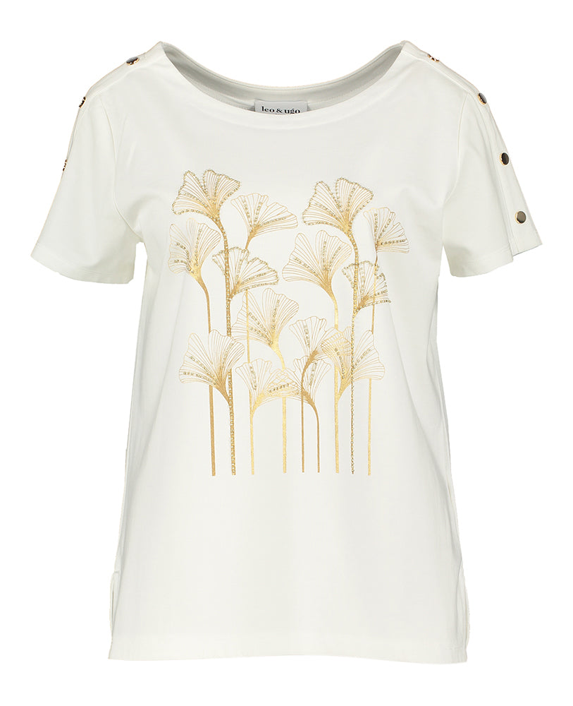 T-shirt écru à col rond avec imprimé doré Tej Leo &amp; Ugo