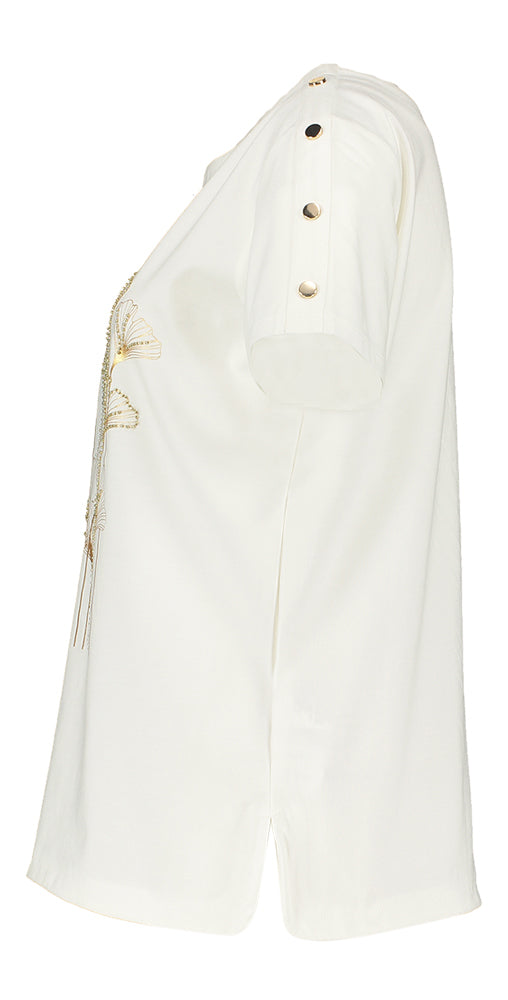 T-shirt écru à col rond avec imprimé doré Tej Leo &amp; Ugo